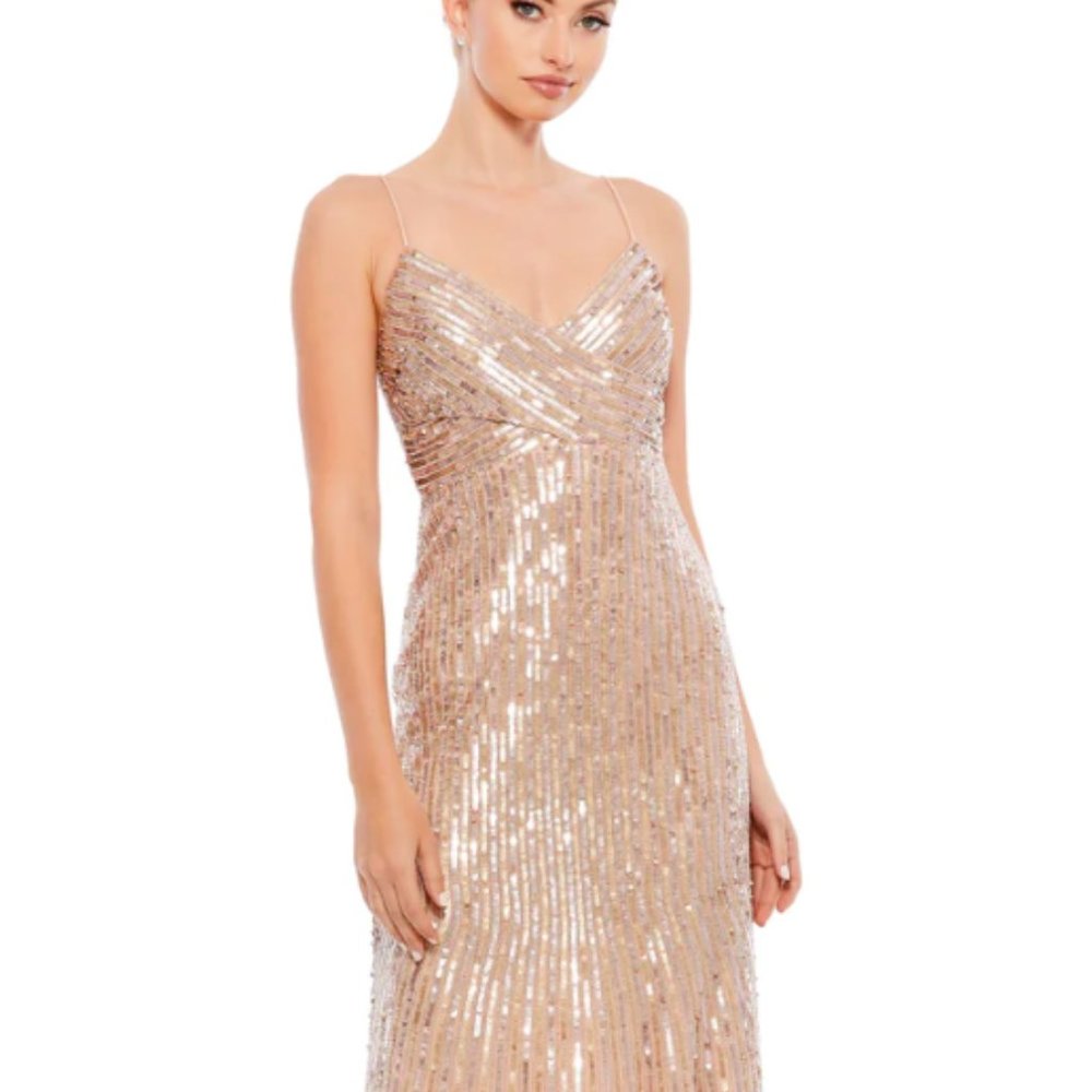 MAC DUGGAL 10817 SPAGHETTI STRAP BEADED V-NECK PEARL GOWN sz 12